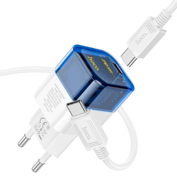 Зарядное устройство HOCO C125A Transparent tribute 1xUSB-C, PD20W Transparent Blue w/Type-C to Type-C cable (6931474798381)