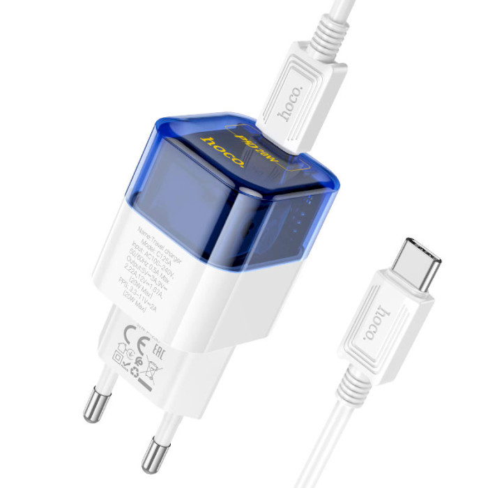 Зарядное устройство HOCO C125A Transparent tribute 1xUSB-C, PD20W Transparent Blue w/Type-C to Type-C cable (6931474798381)