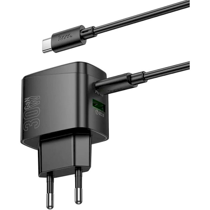 Зарядное устройство HOCO CS61A Bright 1xUSB-A, 1xUSB-C, PD30W, QC3.0 Black w/Type-C to Type-C cable (6942007638449)