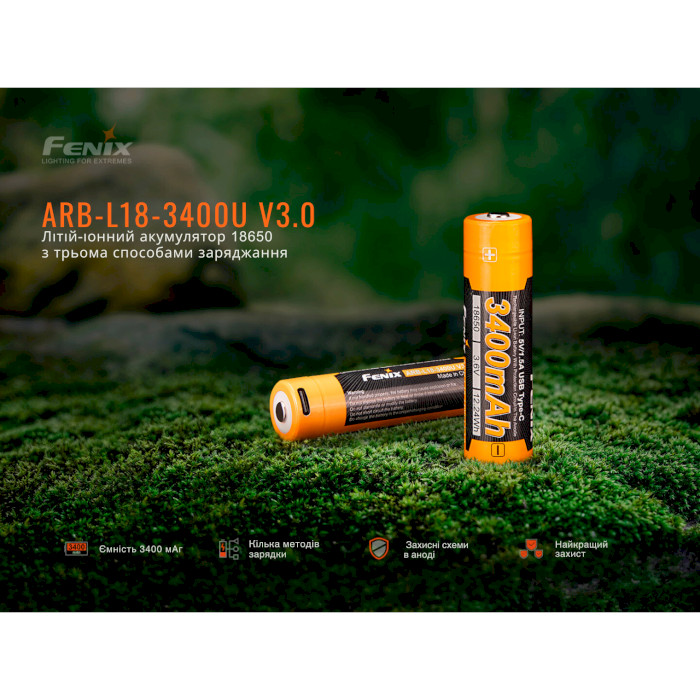 Аккумулятор FENIX Li-Ion 18650 3400mAh 3.6V TipTop, USB-C зарядка (ARB-L18-3400U-V30)