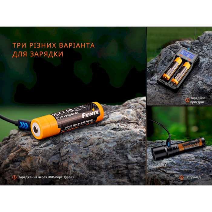 Аккумулятор FENIX Li-Ion 18650 3400mAh 3.6V TipTop, USB-C зарядка (ARB-L18-3400U-V30)