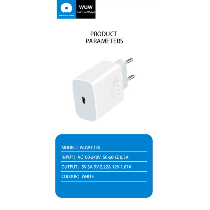 Зарядний пристрій WUW C176 1xUSB-C, PD20W White