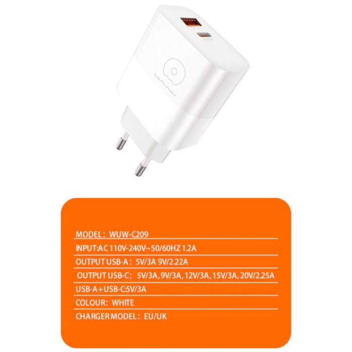 Зарядний пристрій WUW C209 1xUSB-A, 1xUSB-C, PD45W White