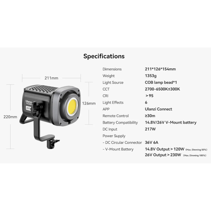 Видеосвет ULANZI VL-200Bi 200W V-Mount Video Light (UV-L079CNA1)