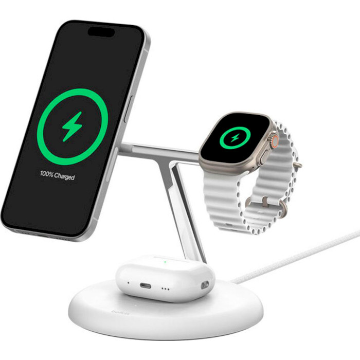 Бездротовий зарядний пристрій BELKIN Boost Up Charge Pro 3-in-1 Wireless Charger with MagSafe Qi2 15W White (WIZ023VFWH)