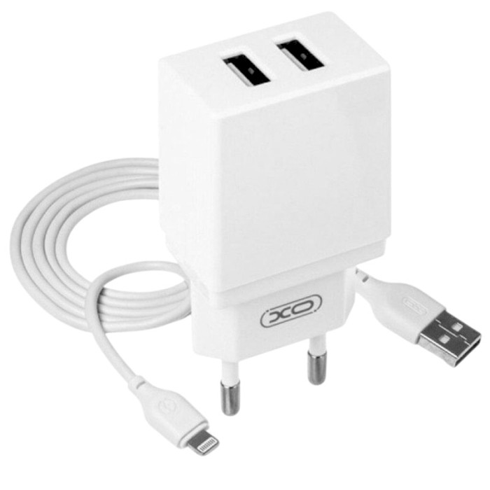 Зарядний пристрій XO L75 2xUSB-A, 2.4A White w/Lightning cable (XO-L75-L)