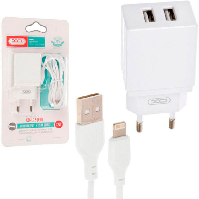 Зарядний пристрій XO L75 2xUSB-A, 2.4A White w/Lightning cable (XO-L75-L)