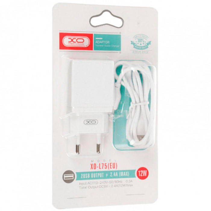 Зарядний пристрій XO L75 2xUSB-A, 2.4A White w/Lightning cable (XO-L75-L)