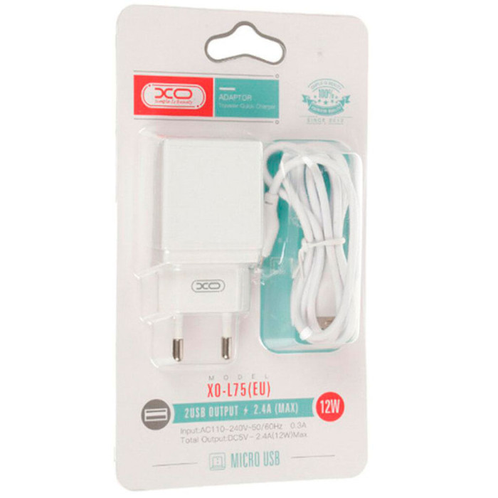 Зарядний пристрій XO L75 2xUSB-A, 2.4A White w/Micro-USB cable (XO-L75-M)