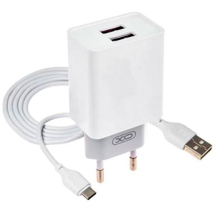 Зарядное устройство XO L75 2xUSB-A, 2.4A White w/Type-C cable (XO-L75-T)