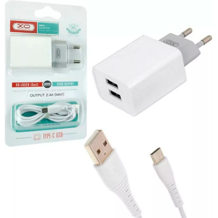 Зарядное устройство XO L75 2xUSB-A, 2.4A White w/Type-C cable (XO-L75-T)