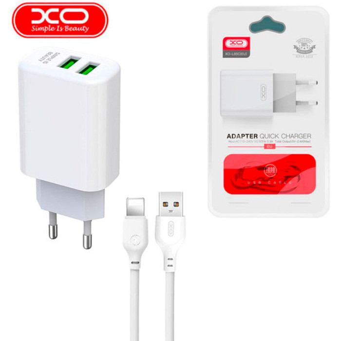 Зарядний пристрій XO L85C 2xUSB-A, 2.4A White w/Lightning cable (XO-L85C-L)