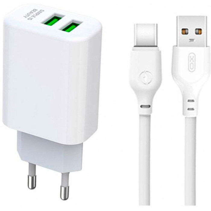 Зарядний пристрій XO L85C 2xUSB-A, 2.4A White w/Type-C cable (XO-L85C-T)