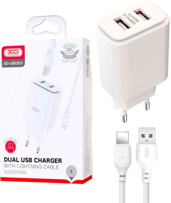 Зарядний пристрій XO L90C 2xUSB-A, 2.4A White w/Lightning cable (XO-L90C-L)