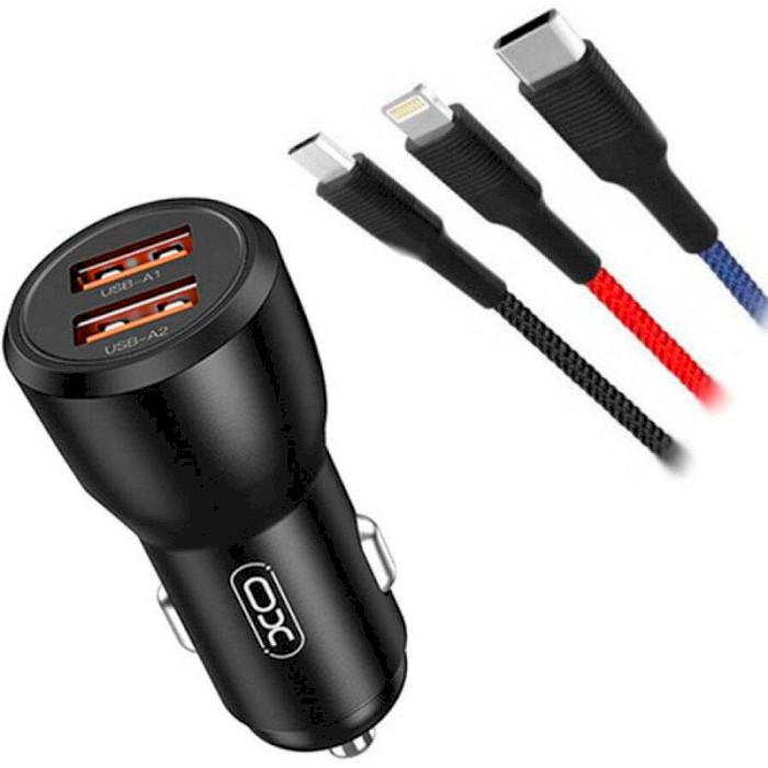 Автомобільний зарядний пристрій XO CC55 2xUSB-A, QC3.0, 18W Car Charger Black w/3-in-1 cable (XO-CC55-BK)