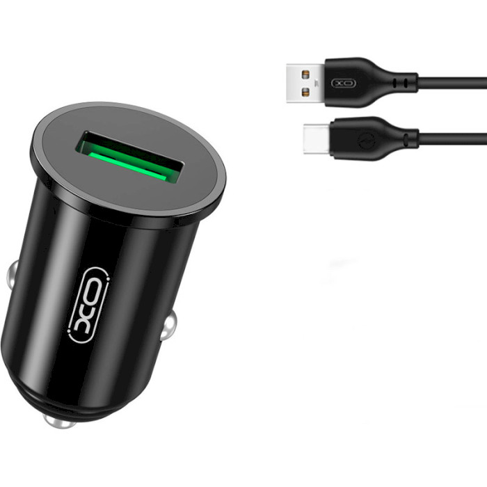 Автомобильное зарядное устройство XO TZ12 1xUSB-A, QC3.0, 18W Car Charger Black w/Type-C cable (XO-TZ12-BK)