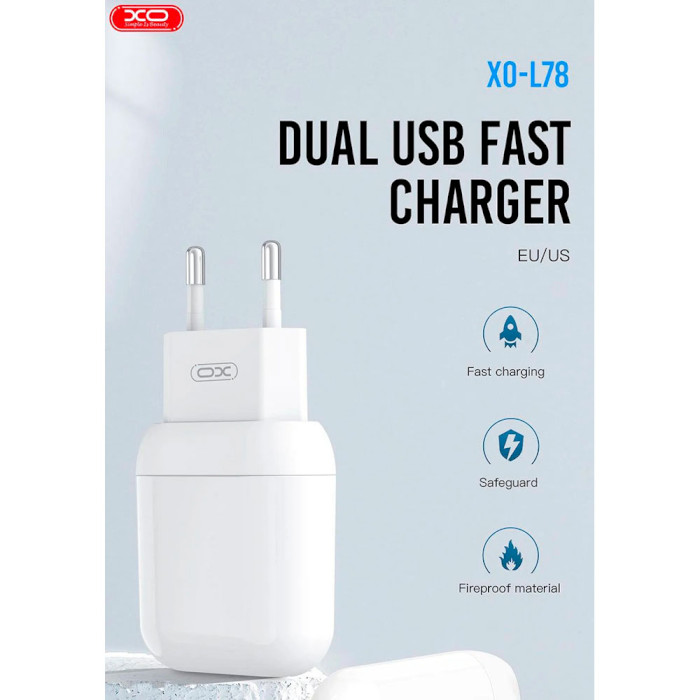 Зарядний пристрій XO L78 2xUSB-A, 2.4A White w/Type-C cable (L78-TC-WH)