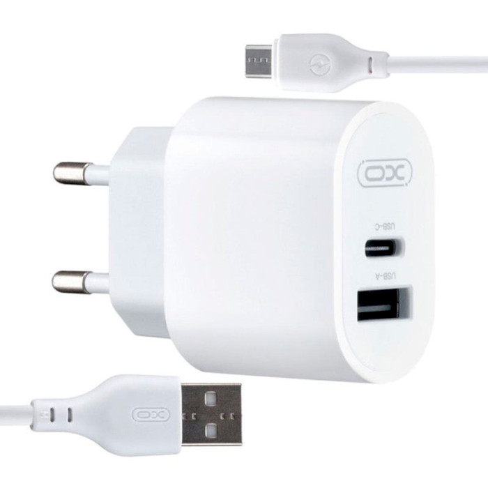 Зарядний пристрій XO L97 1xUSB-A, 1xUSB-C, 2.4A, 12W White w/Micro-USB cable (XO-L97-MC)