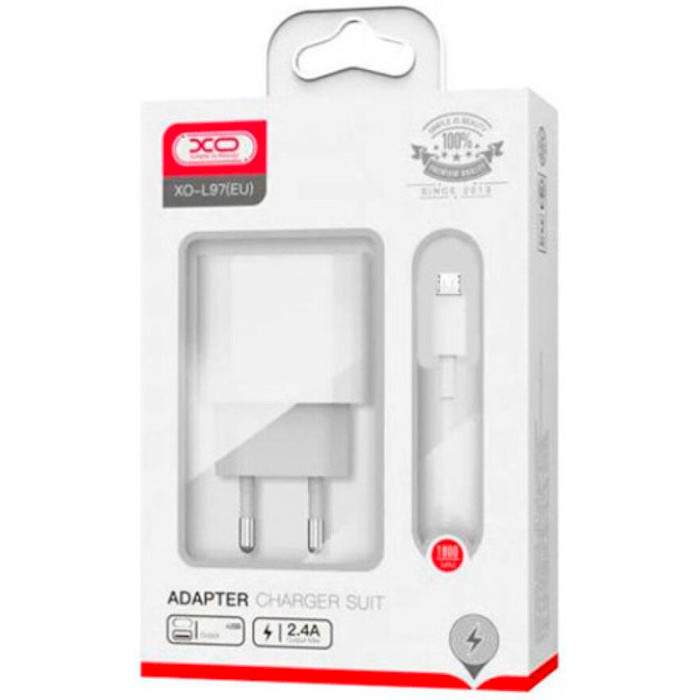 Зарядний пристрій XO L97 1xUSB-A, 1xUSB-C, 2.4A, 12W White w/Micro-USB cable (XO-L97-MC)