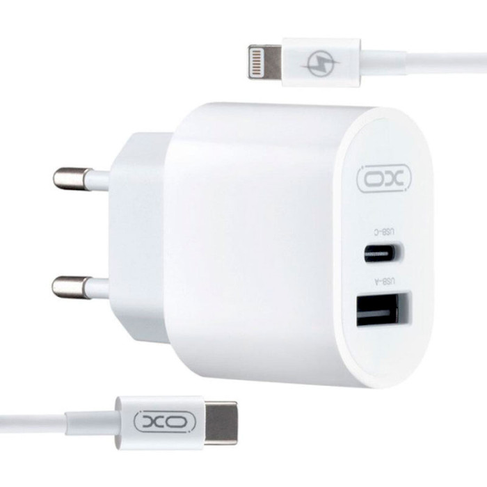 Зарядний пристрій XO L97 1xUSB-A, 1xUSB-C, 2.4A, 12W White w/Type-C to Lightning cable (XO-L97-LG)