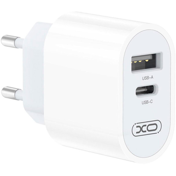 Зарядний пристрій XO L97 1xUSB-A, 1xUSB-C, 2.4A, 12W White w/Type-C to Lightning cable (XO-L97-LG)