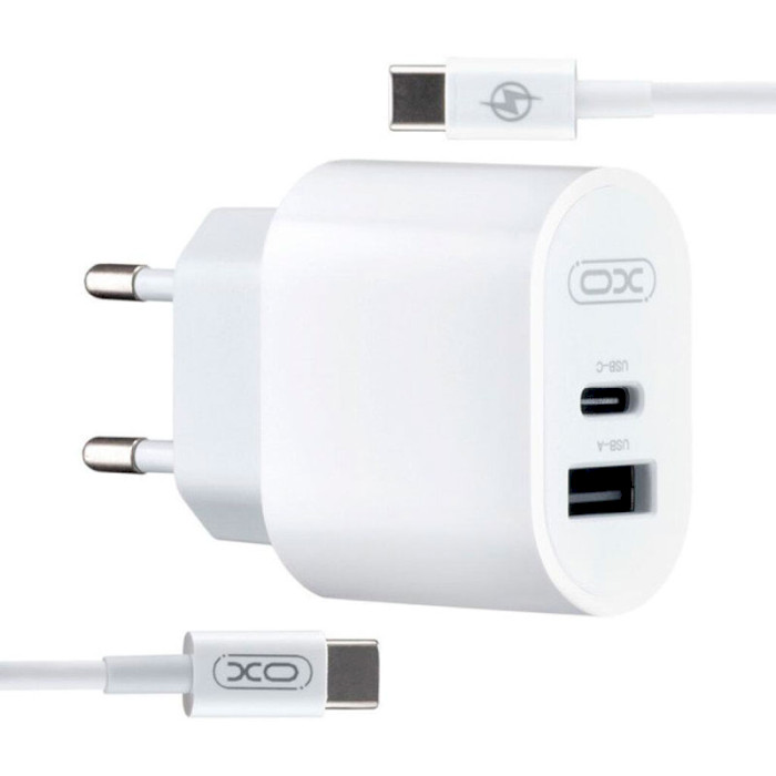 Зарядний пристрій XO L97 1xUSB-A, 1xUSB-C, 2.4A, 12W White w/Type-C to Type-C cable (XO-L97-TC)