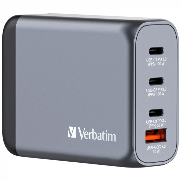 Зарядний пристрій VERBATIM 100W 3xUSB-C, 1xUSB-A, PD3.0, QC3.0 GaN Wall Charger Gray