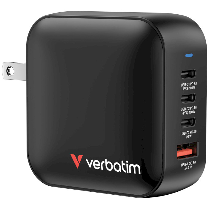 Зарядний пристрій VERBATIM 100W 3xUSB-C, 1xUSB-A, PD3.0, QC3.0 Mini GaN Wall Charger Black