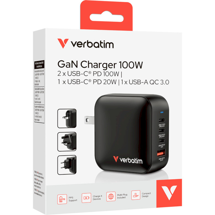 Зарядний пристрій VERBATIM 100W 3xUSB-C, 1xUSB-A, PD3.0, QC3.0 Mini GaN Wall Charger Black