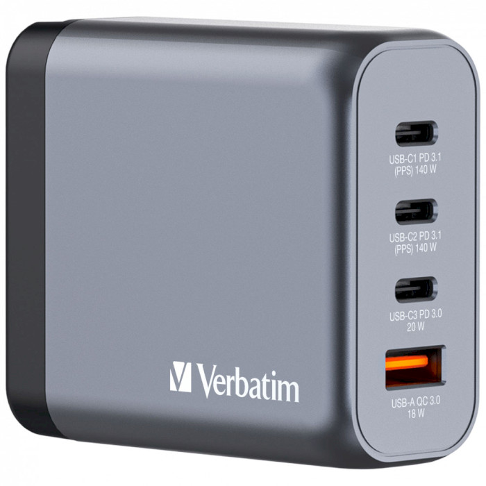 Зарядний пристрій VERBATIM 140W 3xUSB-C, 1xUSB-A, PD3.0, QC3.0 GaN Wall Charger Gray