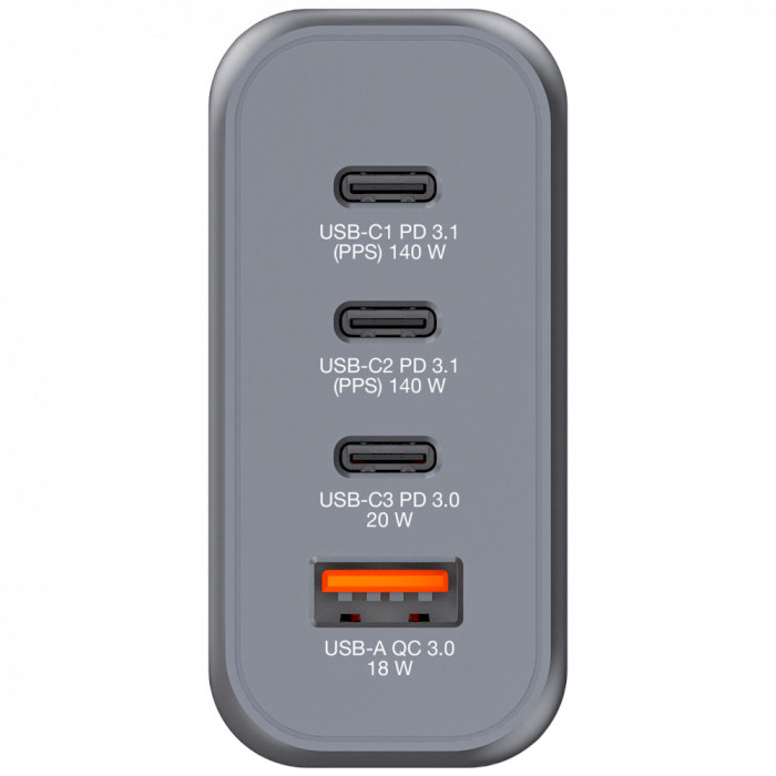 Зарядний пристрій VERBATIM 140W 3xUSB-C, 1xUSB-A, PD3.0, QC3.0 GaN Wall Charger Gray