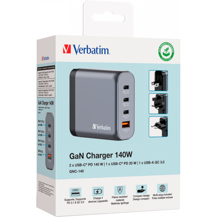 Зарядний пристрій VERBATIM 140W 3xUSB-C, 1xUSB-A, PD3.0, QC3.0 GaN Wall Charger Gray