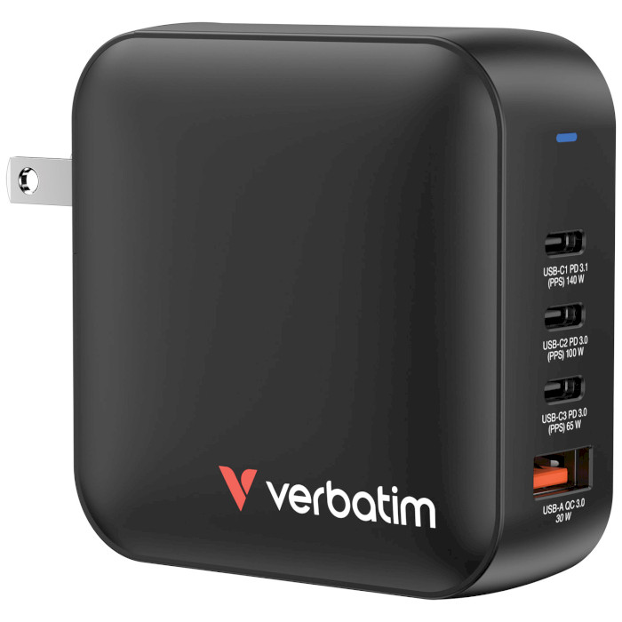 Зарядний пристрій VERBATIM 165W 3xUSB-C, 1xUSB-A, PD3.0, QC3.0 Mini GaN Wall Charger Black