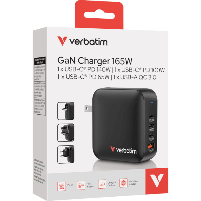 Зарядний пристрій VERBATIM 165W 3xUSB-C, 1xUSB-A, PD3.0, QC3.0 Mini GaN Wall Charger Black