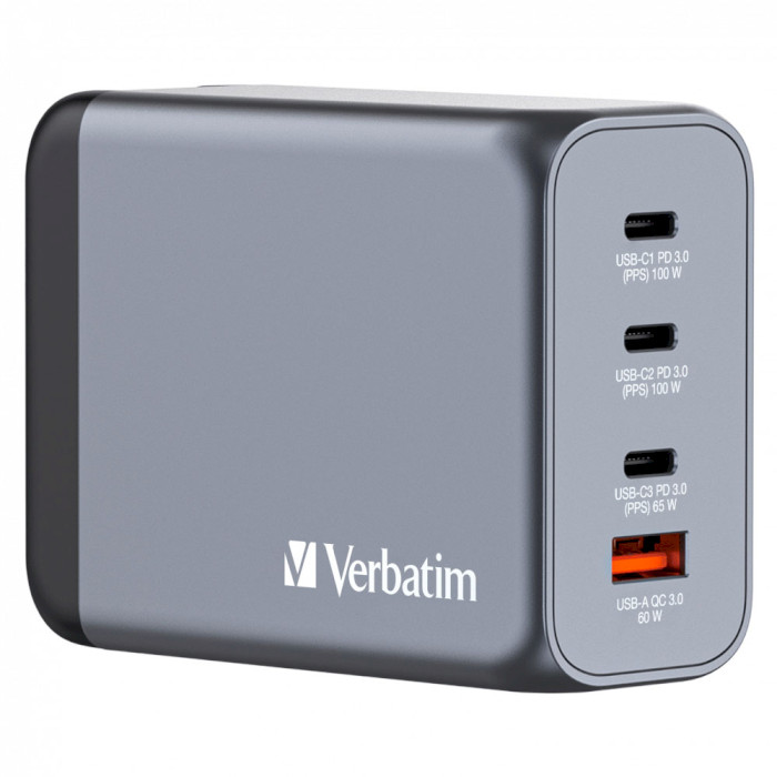 Зарядний пристрій VERBATIM 200W 3xUSB-C, 1xUSB-A, PD3.0, QC3.0 GaN Wall Charger Gray