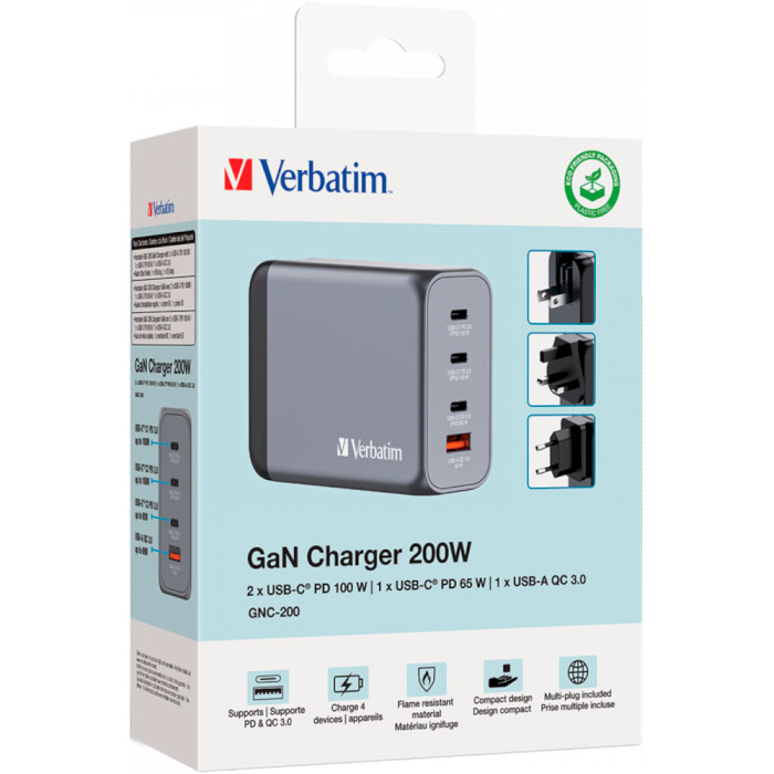 Зарядний пристрій VERBATIM 200W 3xUSB-C, 1xUSB-A, PD3.0, QC3.0 GaN Wall Charger Gray