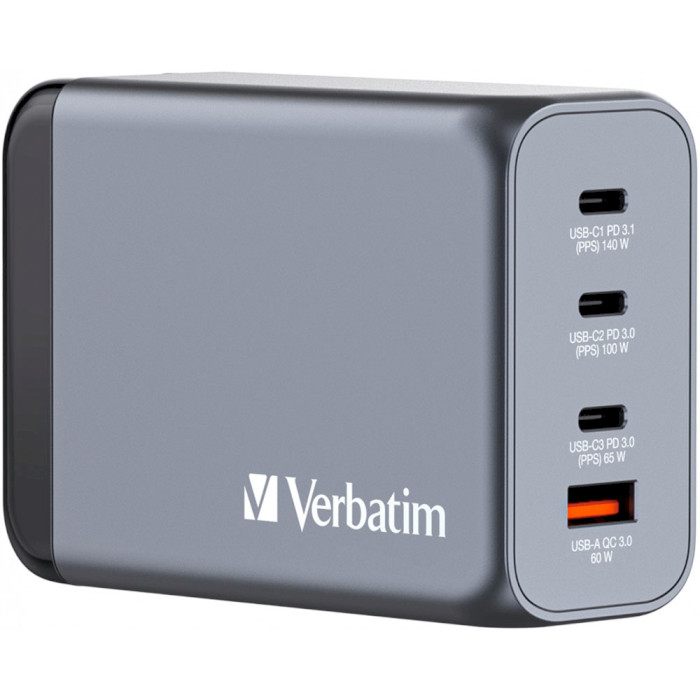 Зарядний пристрій VERBATIM 240W 3xUSB-C, 1xUSB-A, PD3.0, QC3.0 GaN Wall Charger Gray