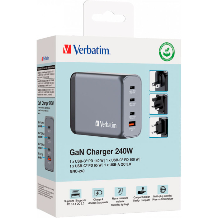 Зарядний пристрій VERBATIM 240W 3xUSB-C, 1xUSB-A, PD3.0, QC3.0 GaN Wall Charger Gray