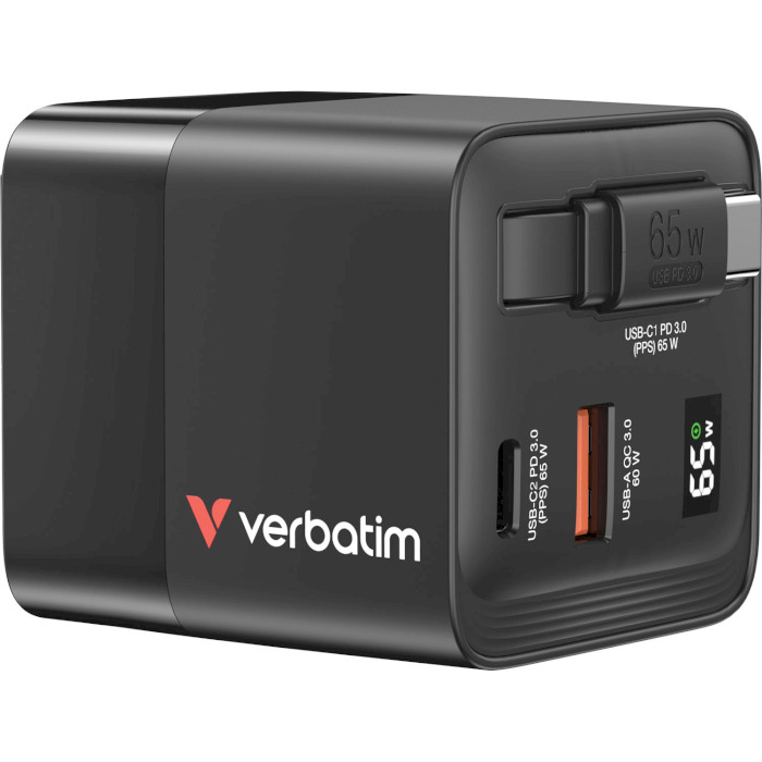 Зарядний пристрій VERBATIM 65W 1xUSB-C, 1xUSB-A, PD3.0, QC3.0 GaN Wall Charger Black w/USB-C cable