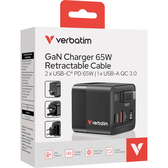 Зарядний пристрій VERBATIM 65W 1xUSB-C, 1xUSB-A, PD3.0, QC3.0 GaN Wall Charger Black w/USB-C cable