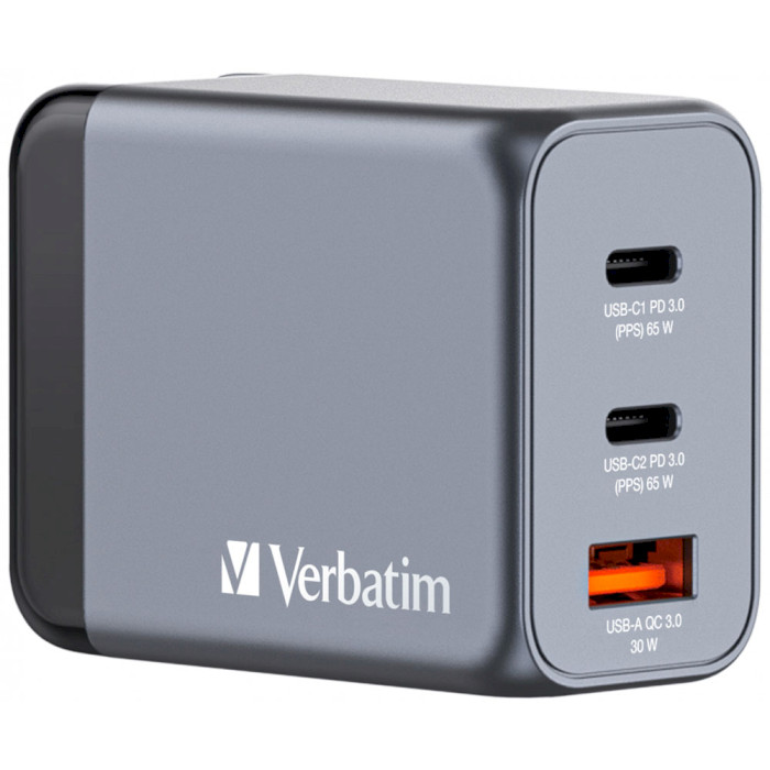 Зарядний пристрій VERBATIM 65W 2xUSB-C, 1xUSB-A, PD3.0, QC3.0 GaN Wall Charger Gray