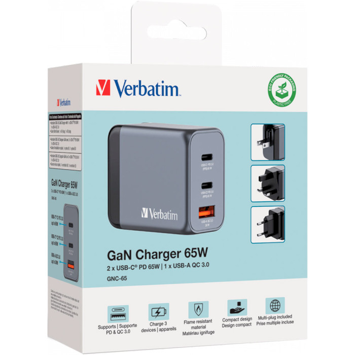 Зарядний пристрій VERBATIM 65W 2xUSB-C, 1xUSB-A, PD3.0, QC3.0 GaN Wall Charger Gray