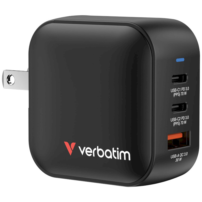 Зарядний пристрій VERBATIM 70W 2xUSB-C, 1xUSB-A, PD3.0, QC3.0 Mini GaN Wall Charger Black