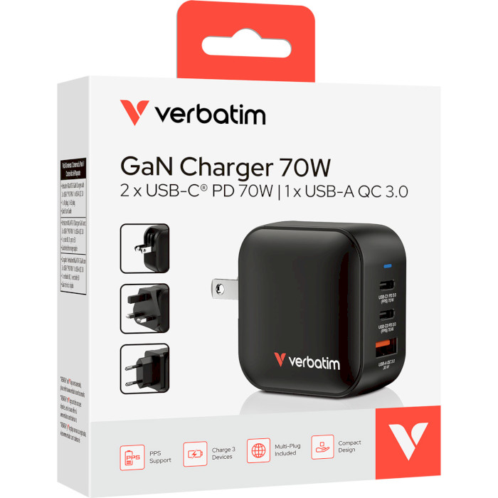 Зарядний пристрій VERBATIM 70W 2xUSB-C, 1xUSB-A, PD3.0, QC3.0 Mini GaN Wall Charger Black