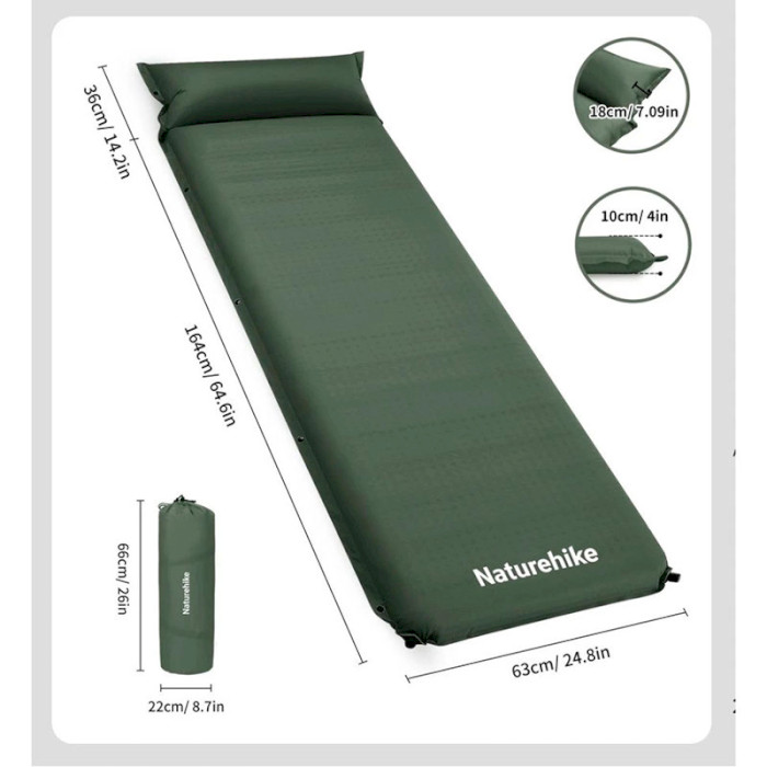 Самонадувной коврик с подушкой NATUREHIKE CNK2450WS020 Dark Green (6927595712733)