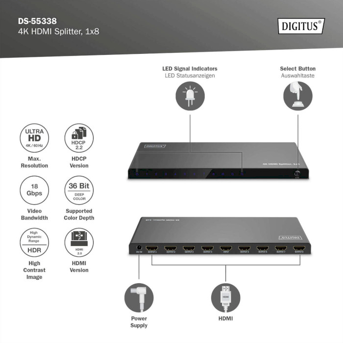 HDMI сплиттер 1 to 8 DIGITUS DS-55338