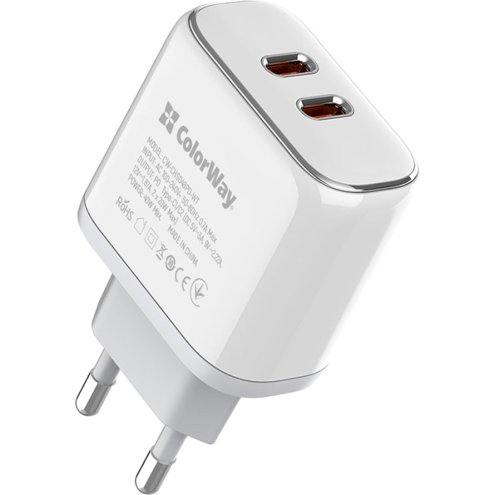 Зарядний пристрій COLORWAY 2xUSB-C, PD3.0, QC3.0, 40W White (CW-CHS048PD-WT)