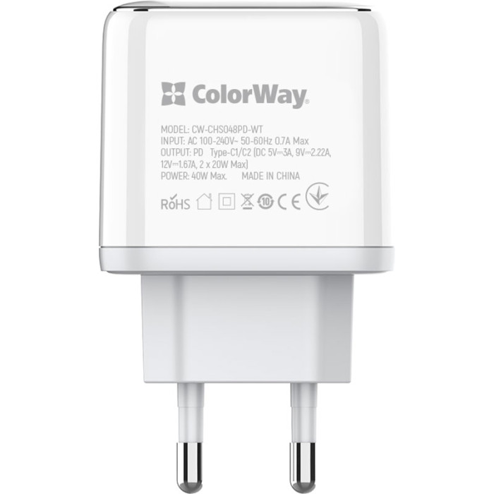 Зарядний пристрій COLORWAY 2xUSB-C, PD3.0, QC3.0, 40W White (CW-CHS048PD-WT)