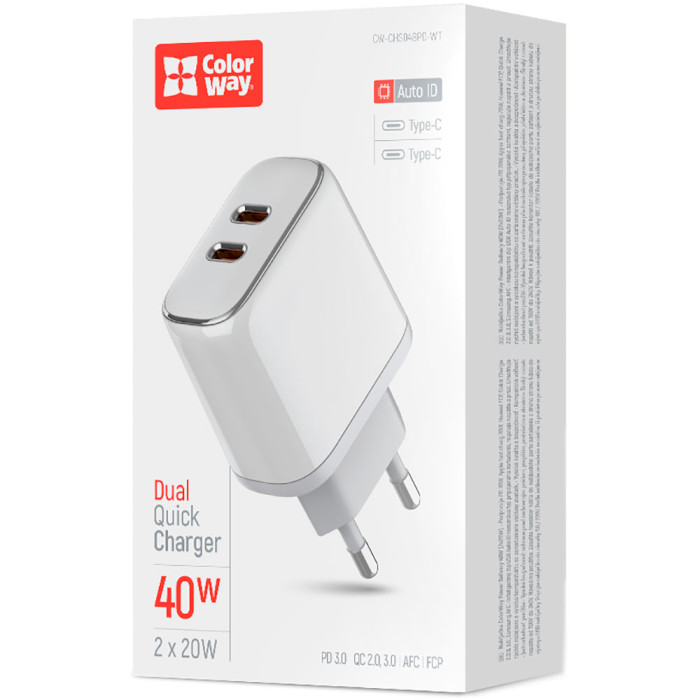 Зарядное устройство COLORWAY 2xUSB-C, PD3.0, QC3.0, 40W White (CW-CHS048PD-WT)