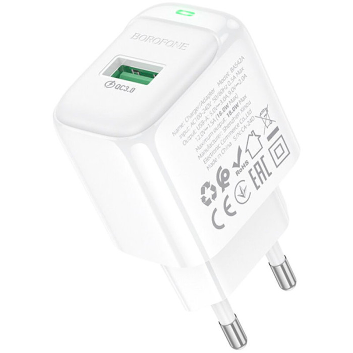 Зарядное устройство BOROFONE BAS42A Potential 1xUSB-A, QC3.0, 18W White